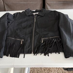 Elegant Black Leather Fringe Jacket